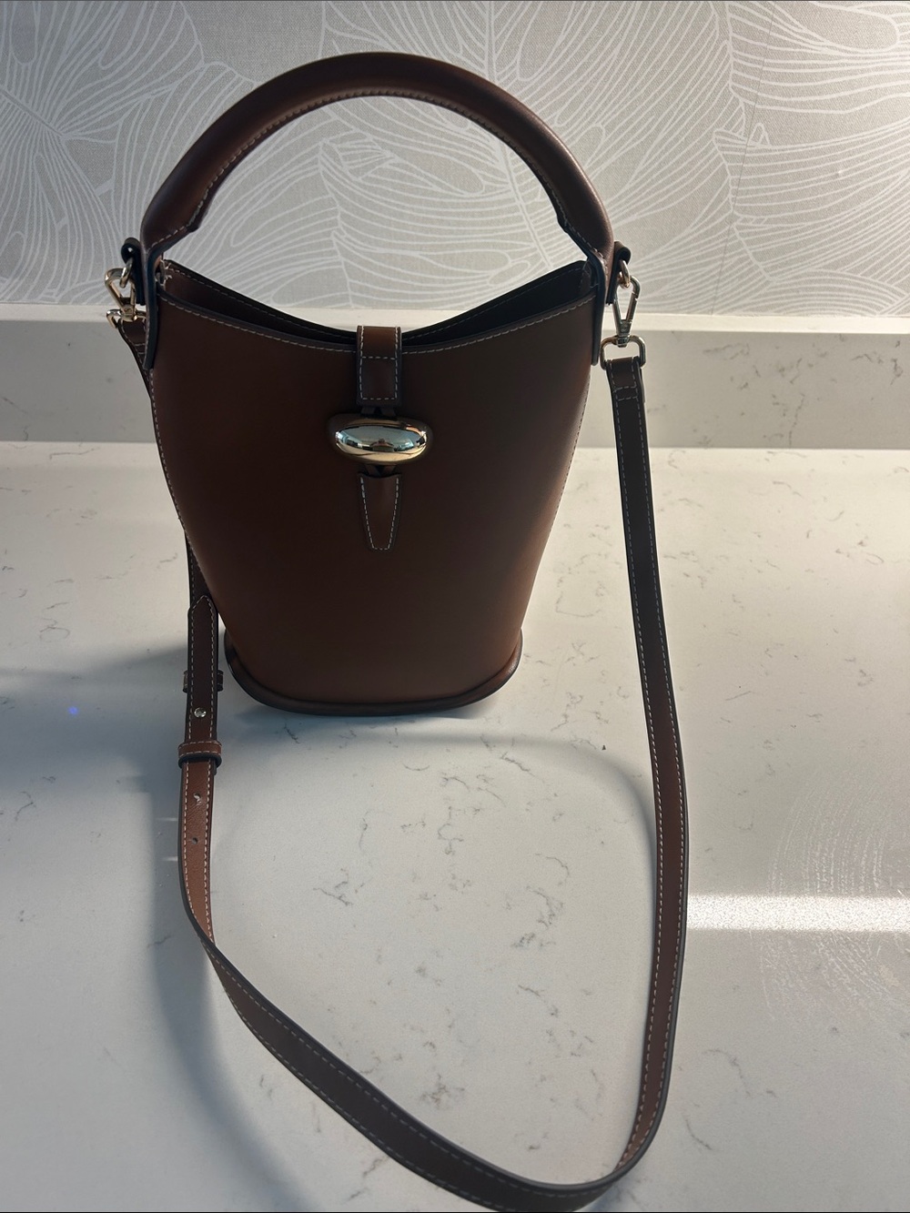 Brown Vegan Leather Bucket Bag with Top Handle and Crossbody Strap